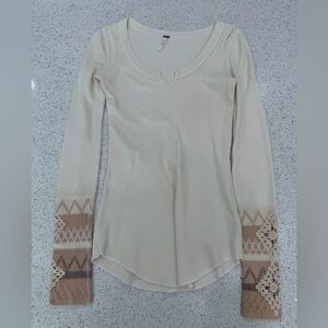 Free People Cream Long Sleeve Top with Lace Details